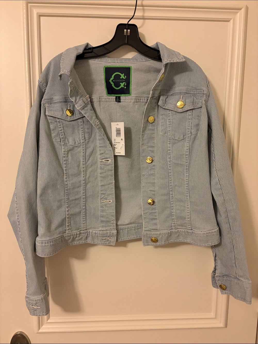 C. Wonder Light Blue Striped Denim Jacket with Gold Buttons